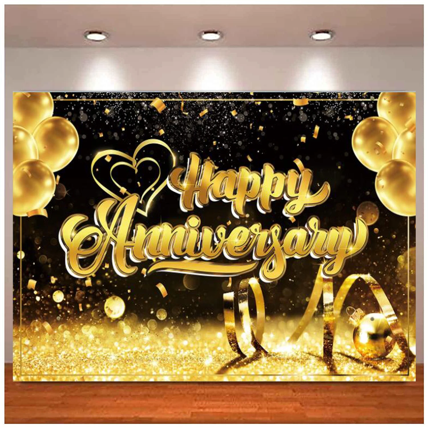 

Happy Anniversary Banner Photography Backdrop Supplies Large Black Gold Background Poster For Wedding Birthday Party Decoration