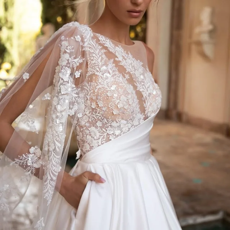 

White Appliques Wedding Dresses off-shoulder A skirt glitter flower decal Gowns backless Made wedding dress Customized