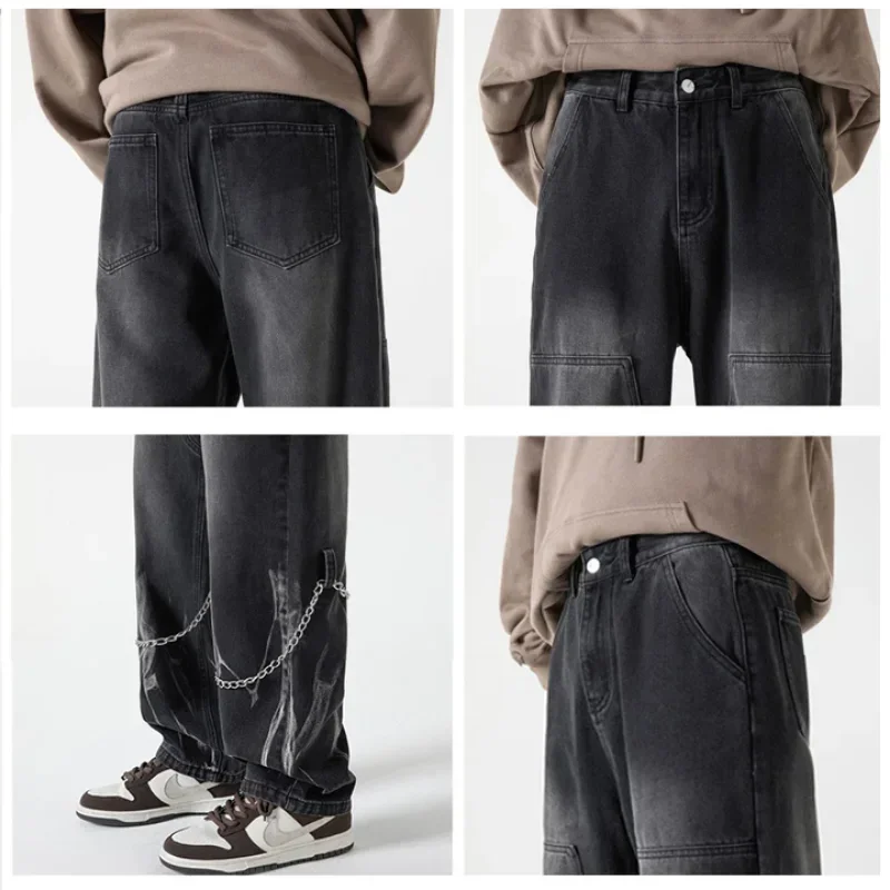 Tpjb Y2K Designer Jeans Men Punk Hip Hop Streetwear Denim Straight Pants Black Loose Casual Trousers Male Japanese Spring