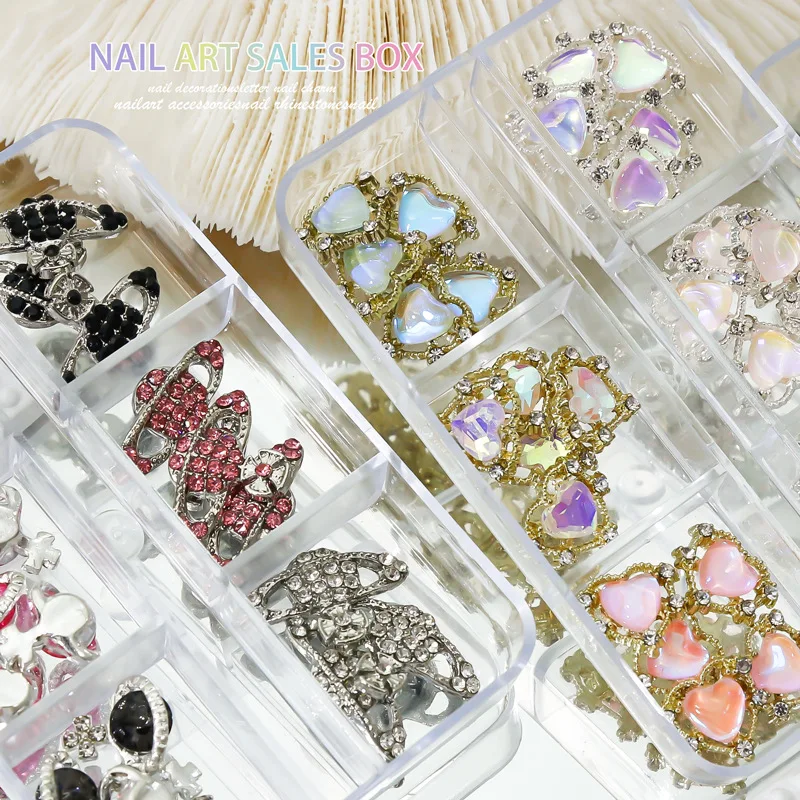 6Grid 3D Logo Brand Nail Charms Crystal Zircon Nail Rhinestones DIY Nail Art Love Heart Planet Bow Nail Decorations Accessories