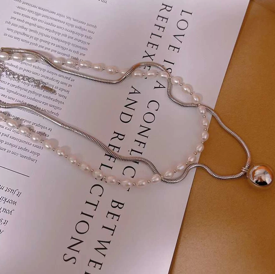 Fashion Snake Bone Chain Pearl Necklace Double Necklace 6-7MM High Quality Freshwater Rice Beads Freshwater Pearl Necklace