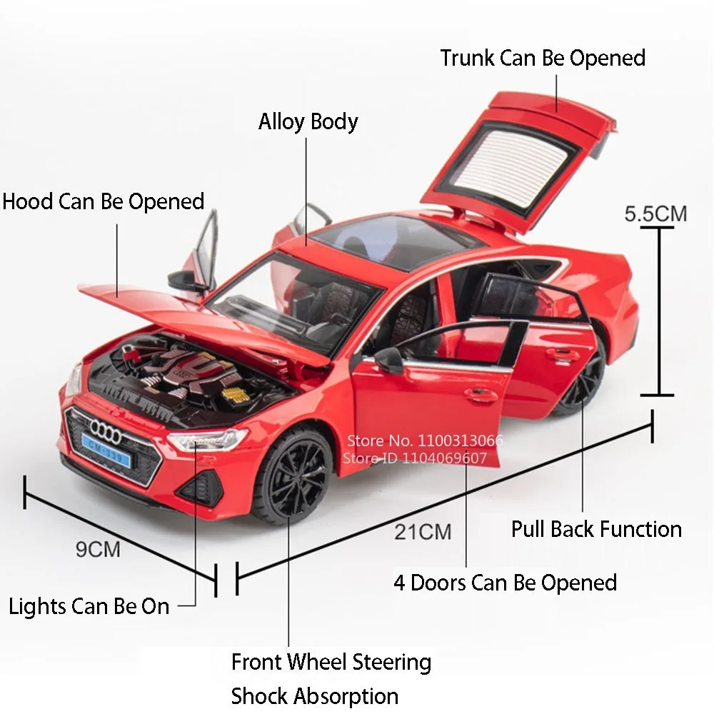 1:24 아우디 RS7 합금 다이캐스트 장난감 모델 자동차 사운드 라이트, 6 도어 오픈, 풀백 충격 흡수 장식 차량, 어린이 선물