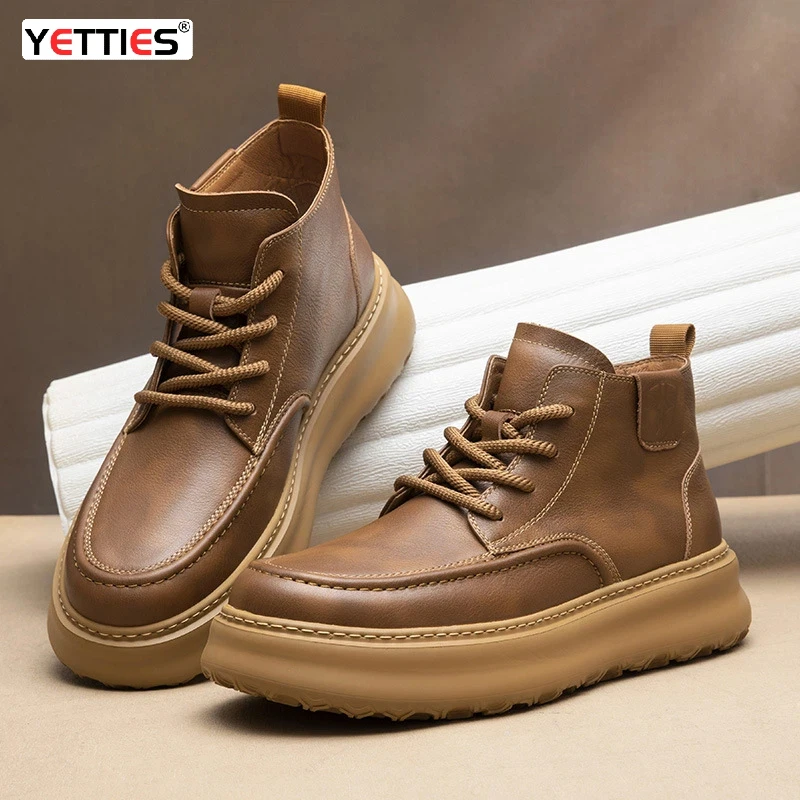 

YETTIES Men's Handmade Leather Motorcycle Boots, Winter High Top Platform Ankle Boots, Breathable Genuine Cowhide Elevator Shoes