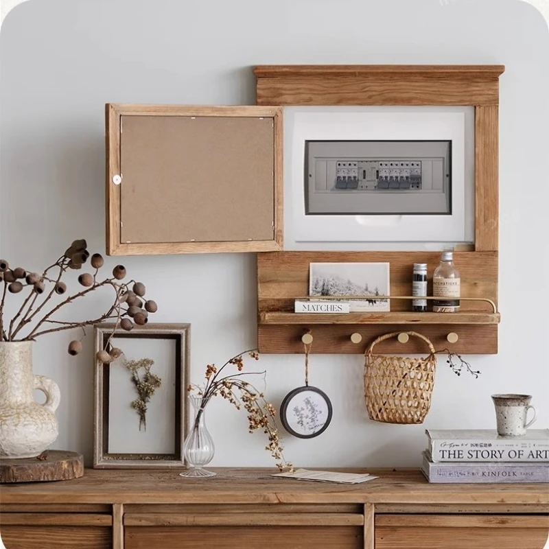 Solid Wood Circuit Breaker Box Living Room Decorative Painting Multi-Functional Wall Home Decor Retro Message Board Display Rack