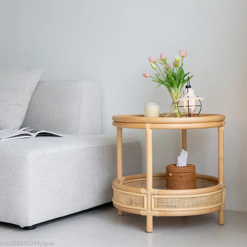 Mesa de centro redonda de vime, prateleira dupla japonesa, varanda, quarto, móveis para sala de estar