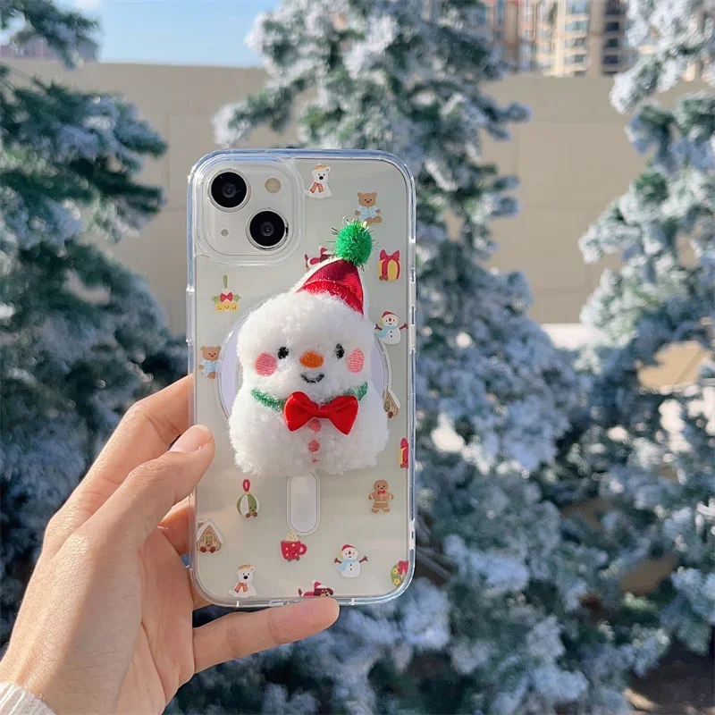 Plush Christmas Snowman Santa Claus Transparent Phone Case For iPhone 16 1514 13 12 11 Pro Max Phone Grip Holder Socket Pocket