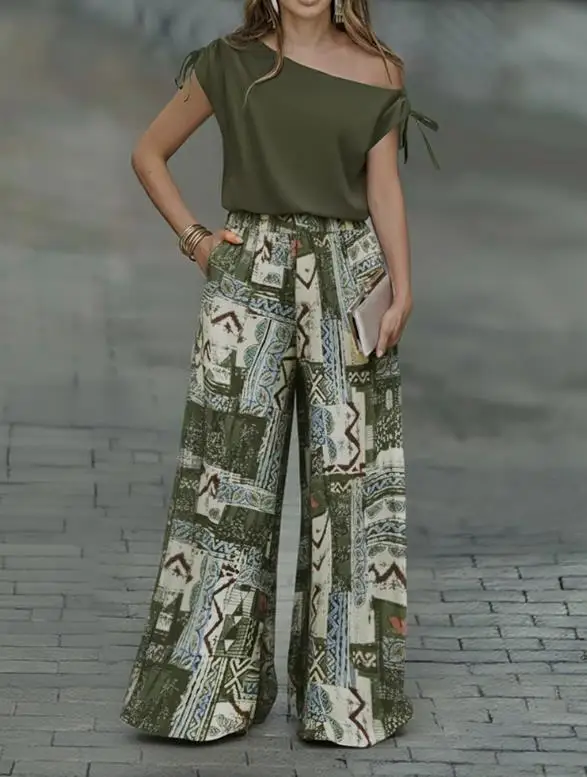 

Two Piece Set Women Outfit 2025 Spring New Fashion Drawstring Cold Shoulder Top & Floral Print High Waist Wide Leg Pants Set