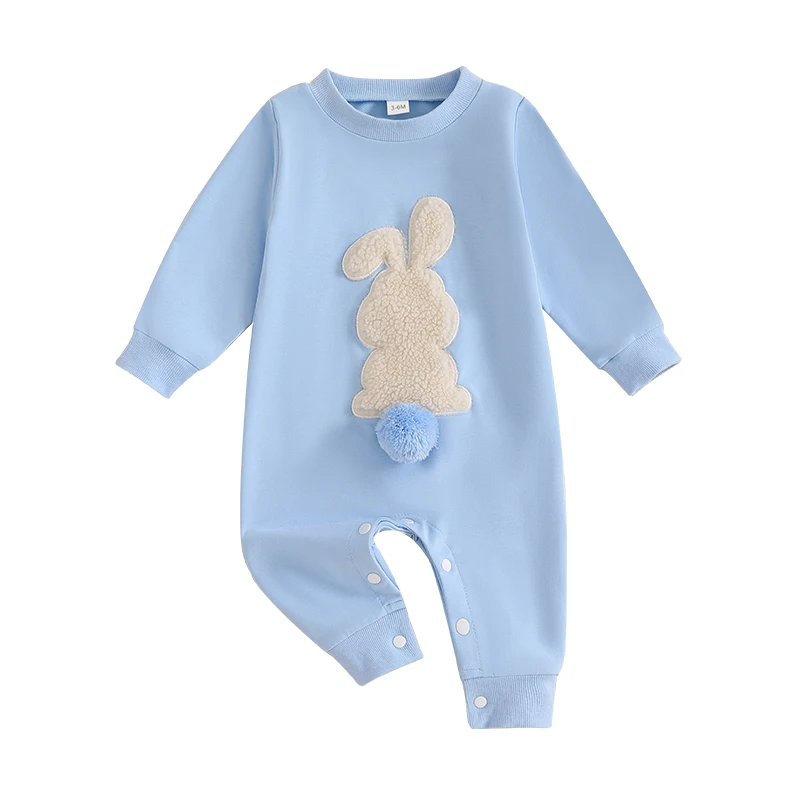 Easter Baby Boy Girl Outfit Embroidery Bunny Rompers Bunny Tail Jumpsuit Unisex Newborn Infant Easter Clothes