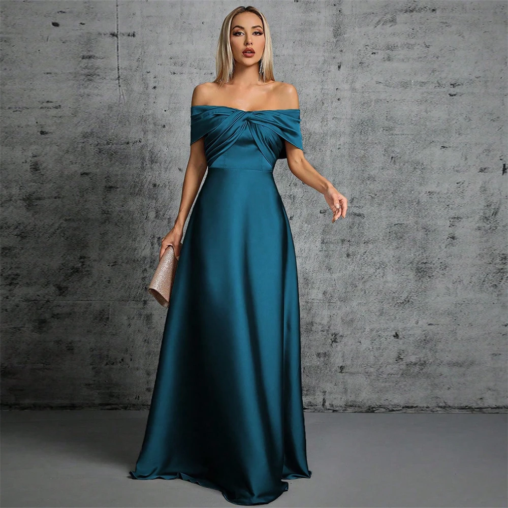 

Long Elegant Blue Dress Evening Boat Neck Off The Shoulder Satin A Line High Quality Prom Party Gowns For Women