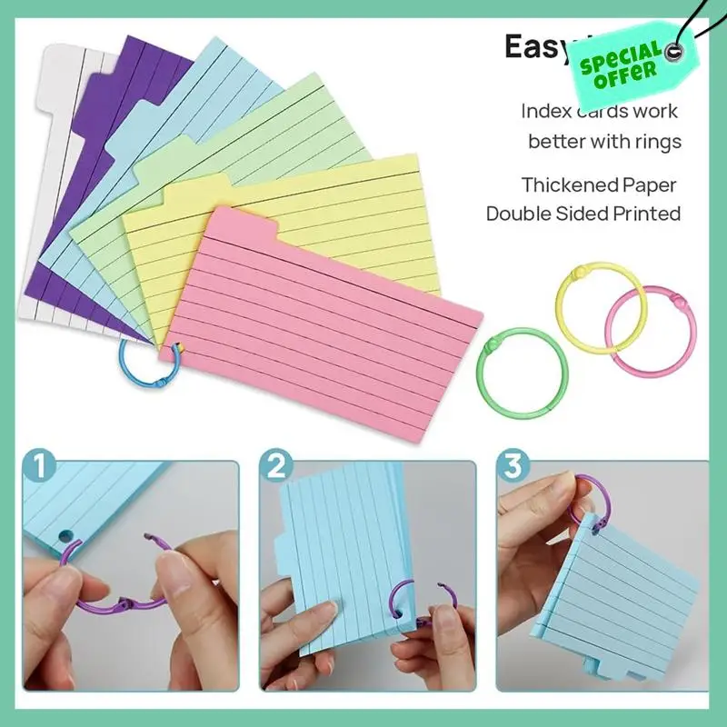 بطاقات فهرس A95Q-300، بطاقات فهرس مسطرة مقاس 3 بوصة × 5 بوصة مع حلقة، بطاقات فلاش مبطنة ملونة، بطاقات ملاحظات على كلا الجانبين