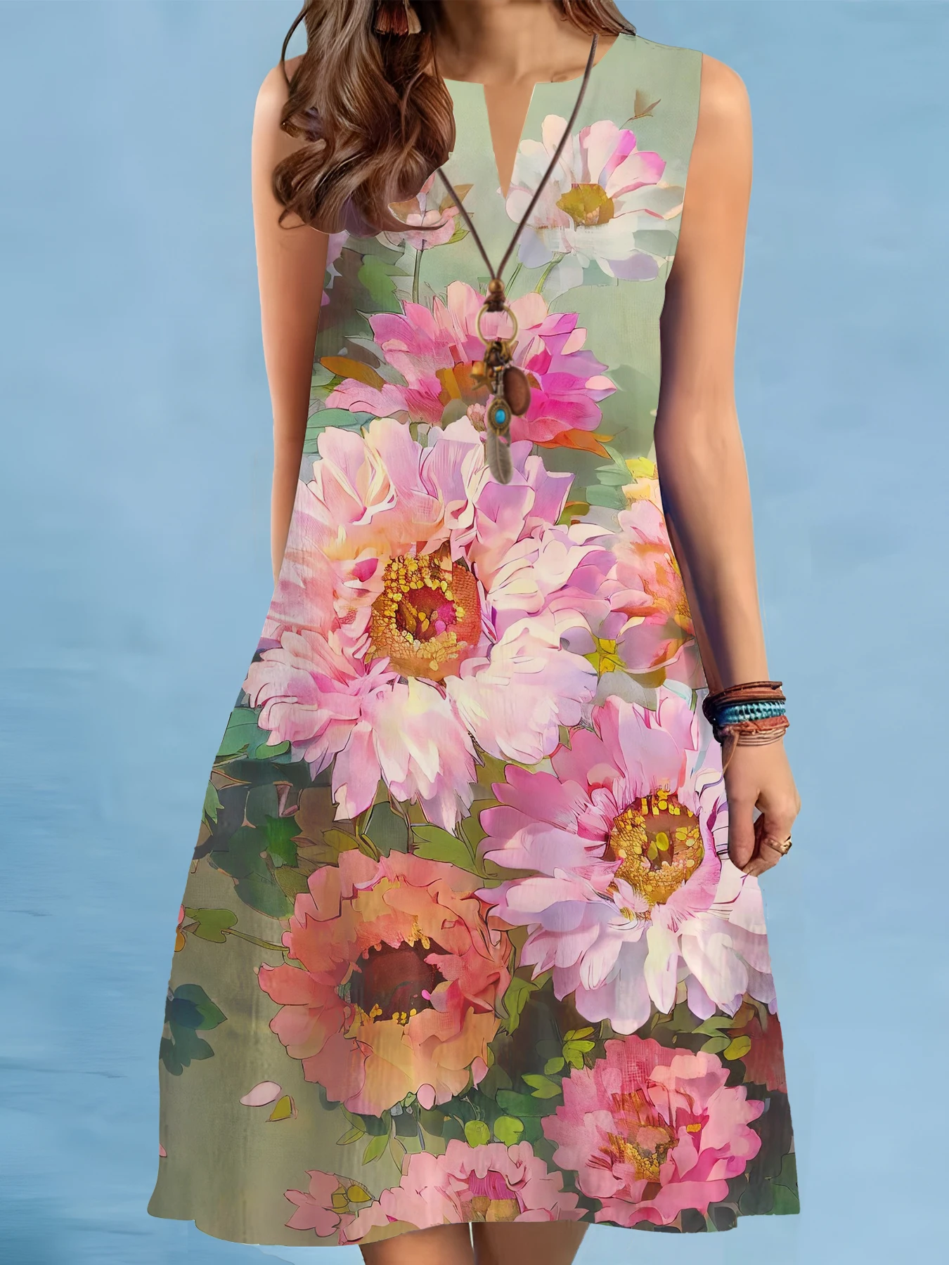 New Summer Beach Floral Print Dress For Women Casual Sexy Sleeveless V-neck Loose Mini Dress Elegant Woman Short Dress Vestidos