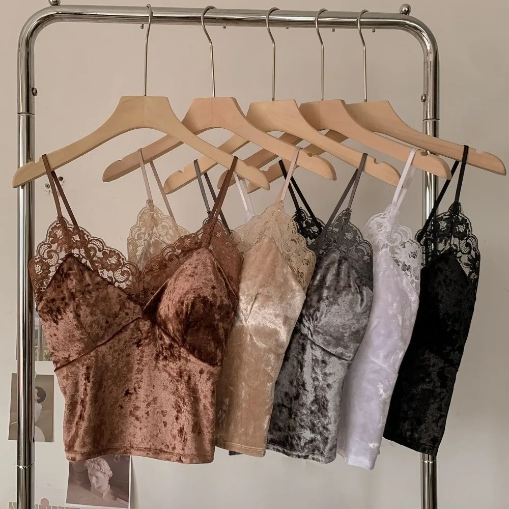 Tank Bra With Breast Pads Velvet Lace Camisole Streetwear Warm Gothic Vest Sleeveless Soft Lace Crop Top Autumn Summer