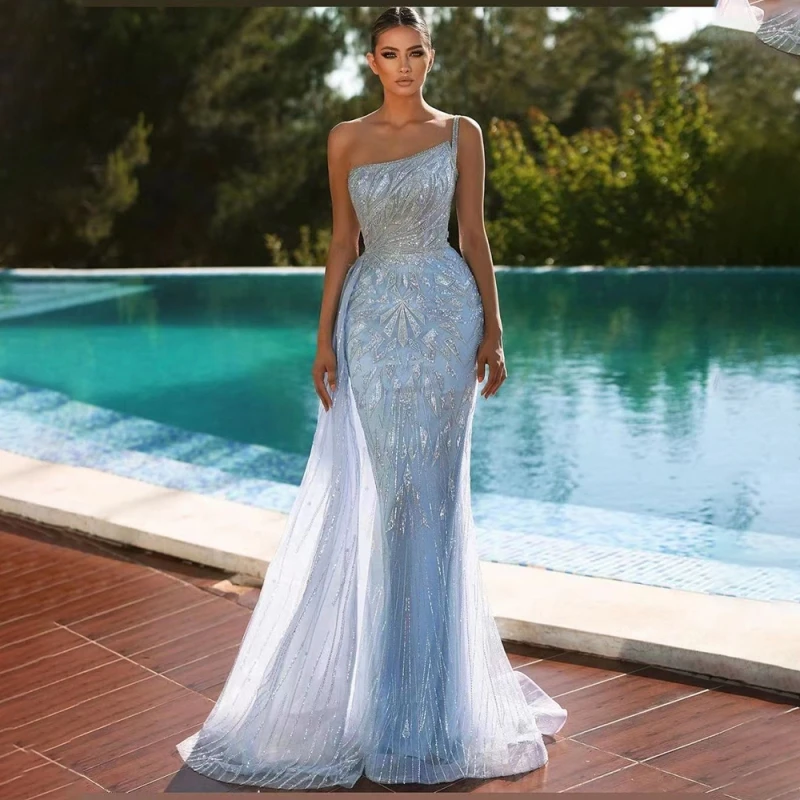 

Hill Blue Mermaid Elegant With Overskirt Sexy One Shoulder Luxury Beaded Evening Dresses Gowns 2023 Women Party