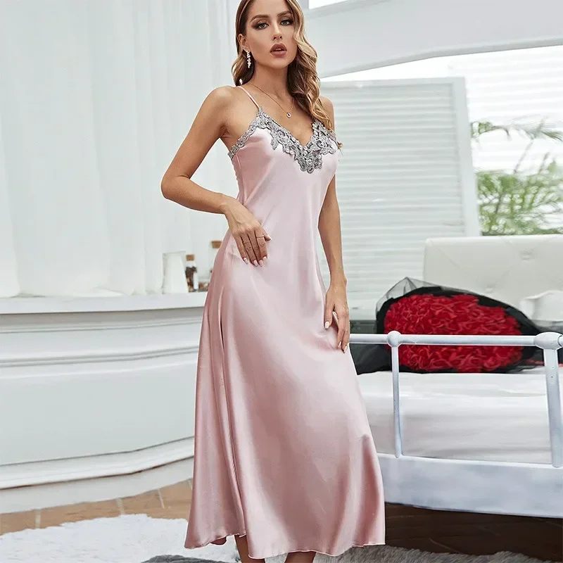 Spring and summer simulation silk nightgown, home wear fashionable and simple lace dress, women\'s V-neck wearing suspender skirt