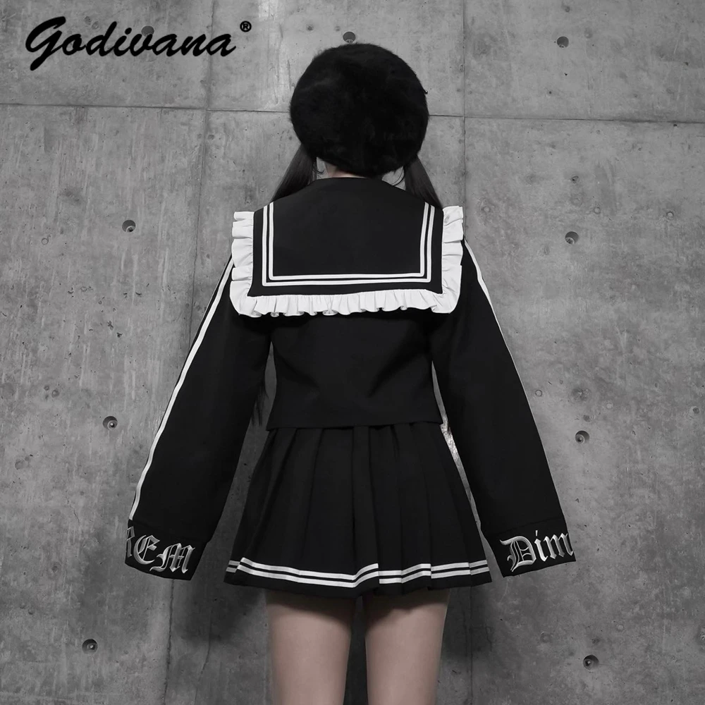 Japanese Mine Black and White Contrast Edge Striped Navy Collar Blazer Short Coat Pleated Skirt with Tie Women Gothic Skirt Suit