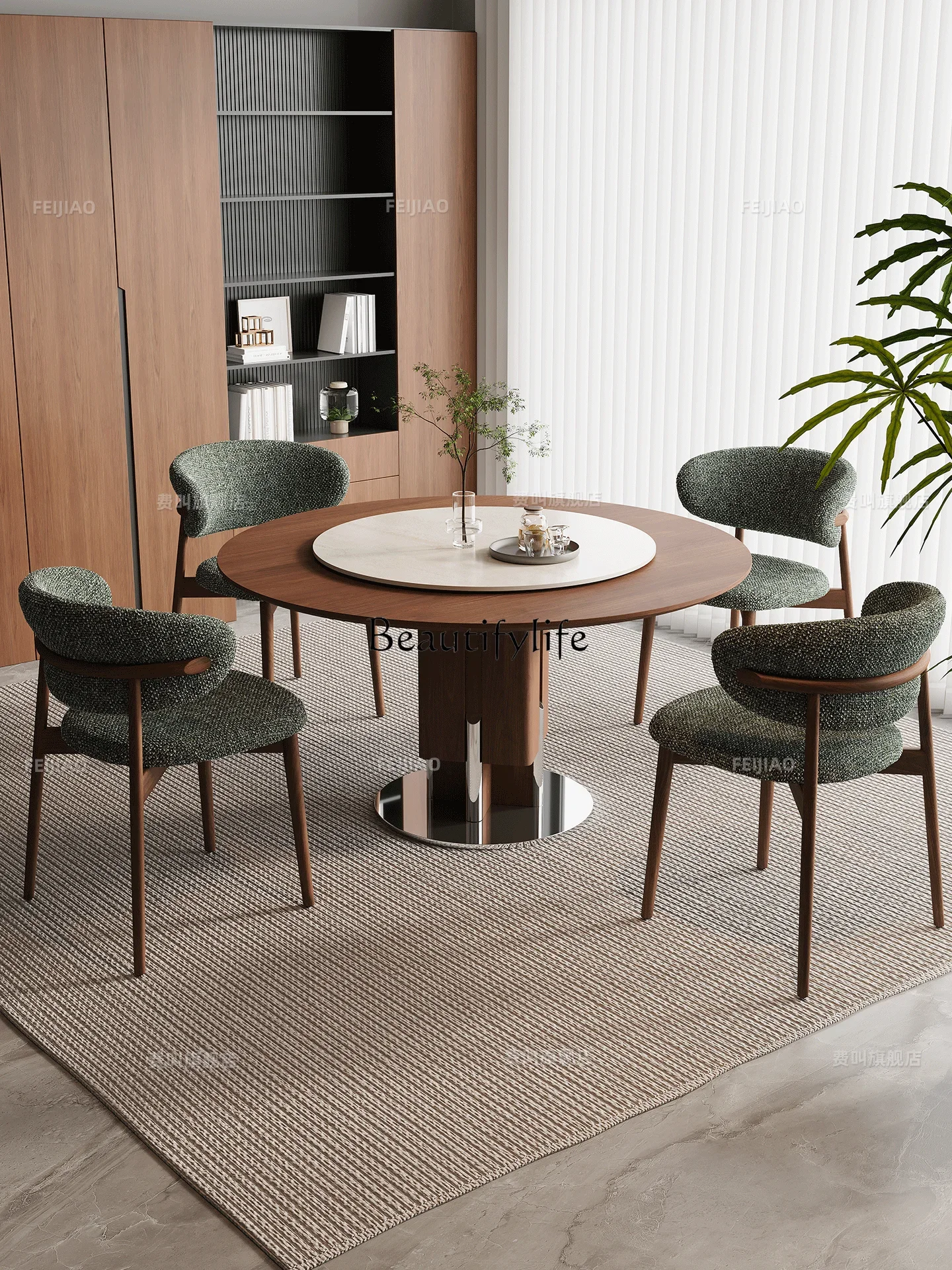 

yj7 Solid wood dining table Italian black walnut medieval round dining table with turntable