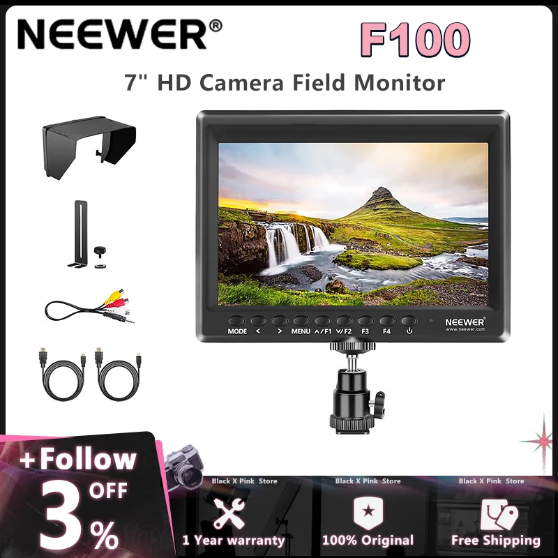 Neewer F100 7inch Camera Field Monitor HD Video Assist IPS 1280x800 HDMI-compatible 1080p w Sunshade Ball Head for DSLR Cameras