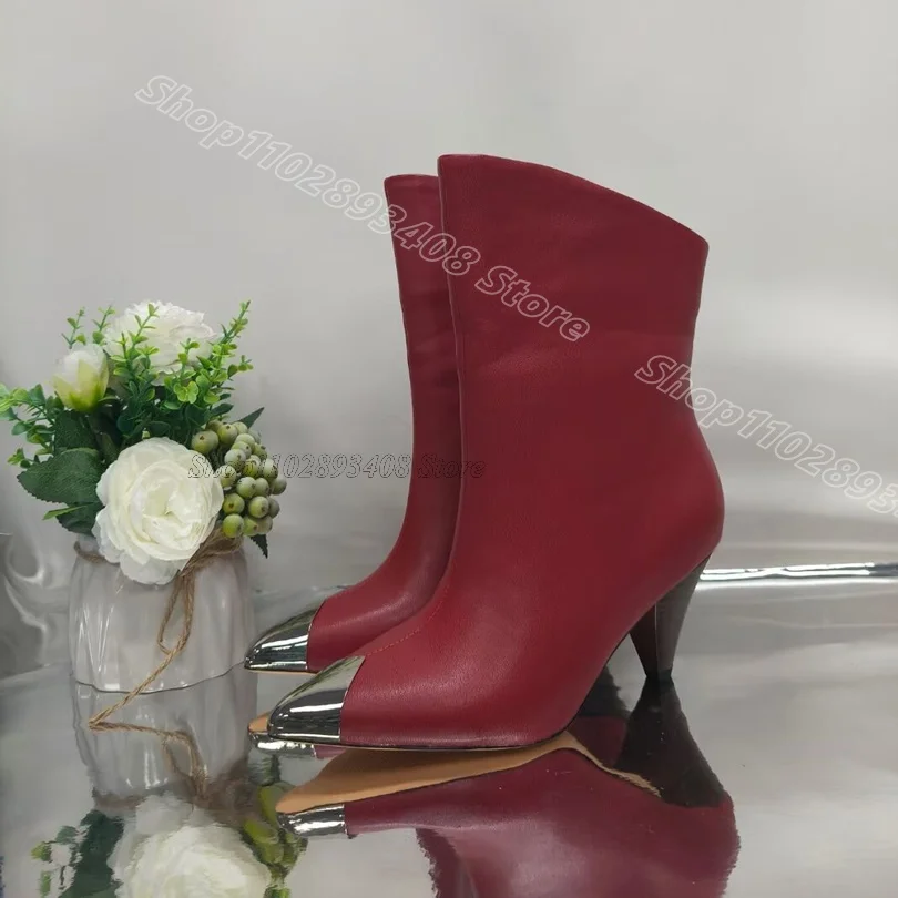 

Red Matte Leather Cone Heels Boots Pointed Toe Fall British Style Slip on Women New Fashion Party Shoes 2024 Zapatos Para Mujere