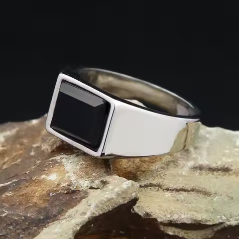 Classic Punk Geometric Black Stone Ring Stainless Steel Silver Color Square Simple Finger Rings For Men Women Fashion Jewelry