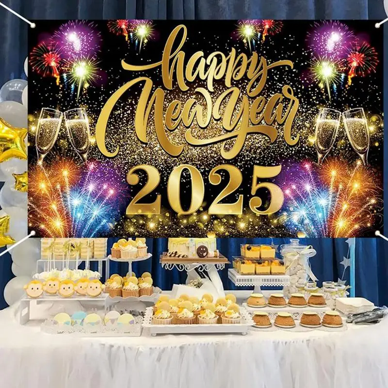 2025 Happy New Year Banner Black Gold Background Party Decoration New Year Photo Booth Non-Fade Elegant Photo Backdrop New Year