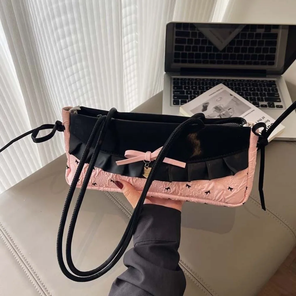 

All-match Sweet French Stick Handbag Black Contrast Color Plaid Bow Shoulder Bag Denim Blue Lace Cloth Underarm Bags Work