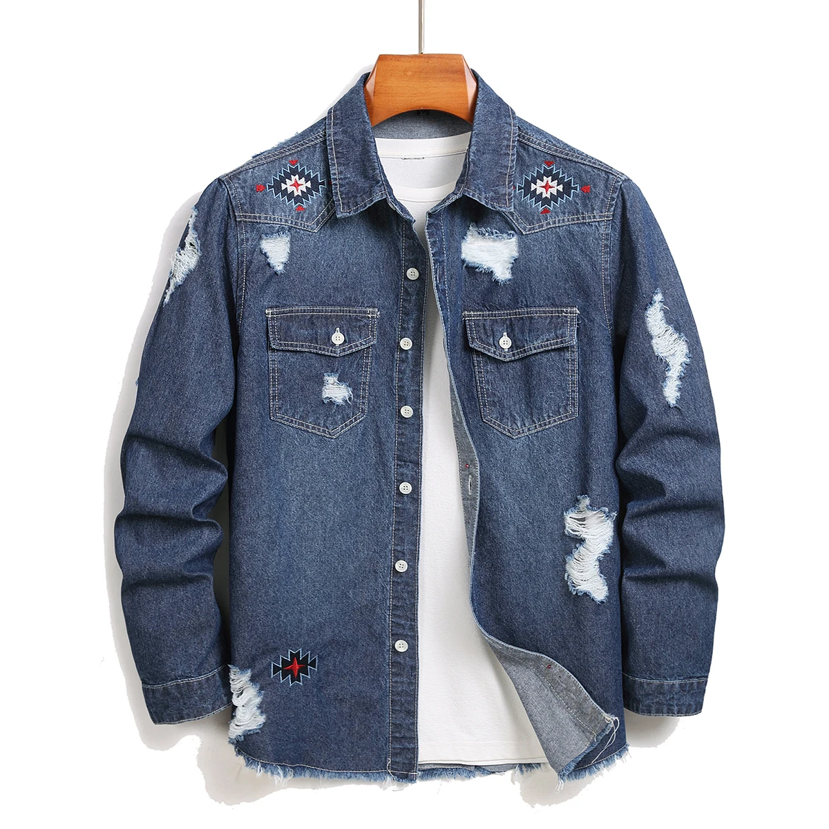 

Wear and tear design denim jacket, men's trendy embroidered denim jacket, fashionable and high-quality wear-resistant jacket