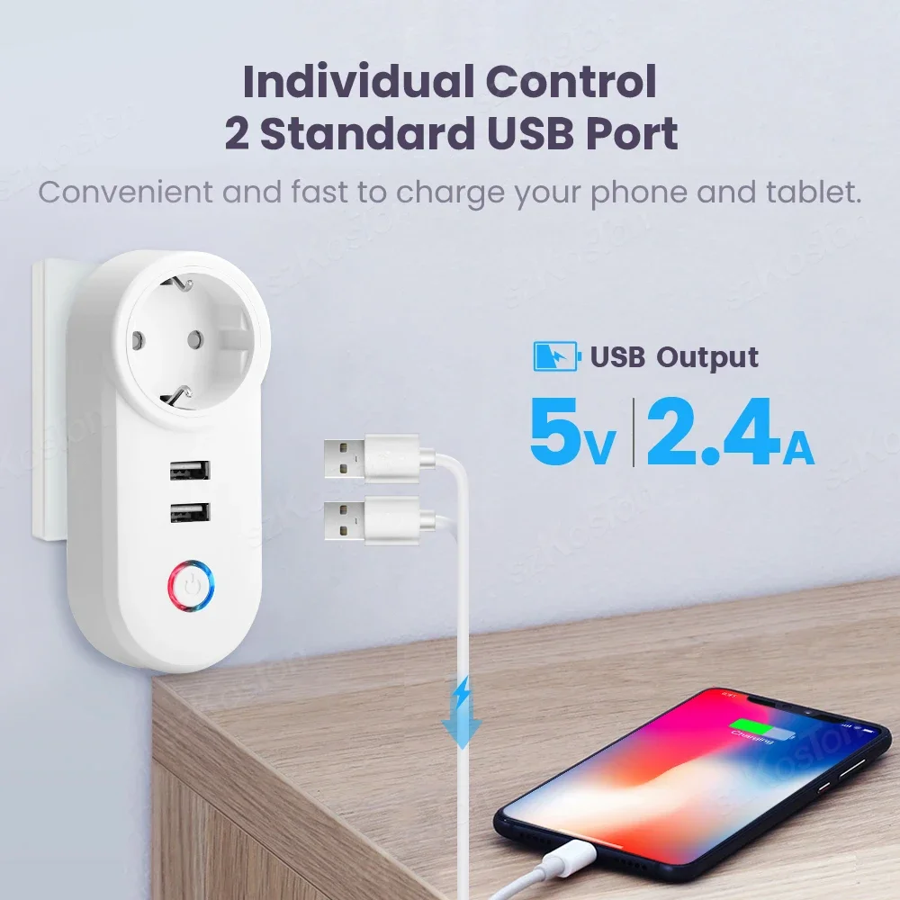 16A Tuya EU Wifi Smart Plug Wireless Outlet Dual USB Ports Socket Timer Smart Life Remote Control via Alexa Google Assistant