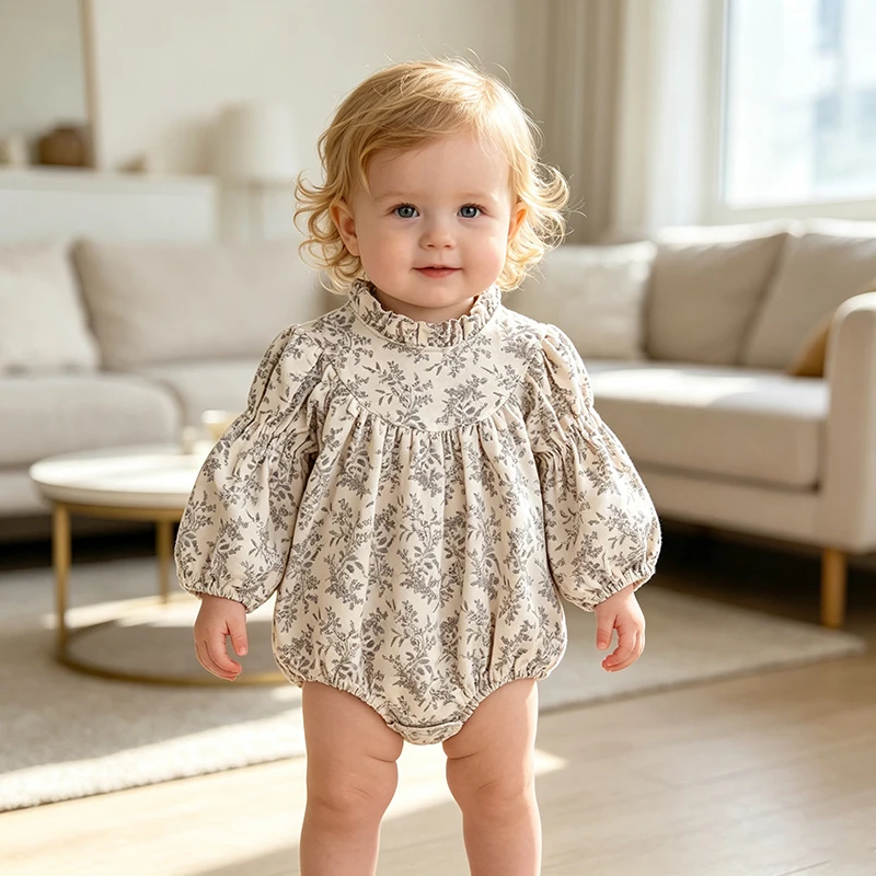 Baby-Mädchen Blumenmuster Bubble-Strampler mit Rüschenkragen, langen Puffärmeln, Baumwoll-Body für Neugeborene, Herbst-Einteiler-Outfit 0-24M – Detail 15