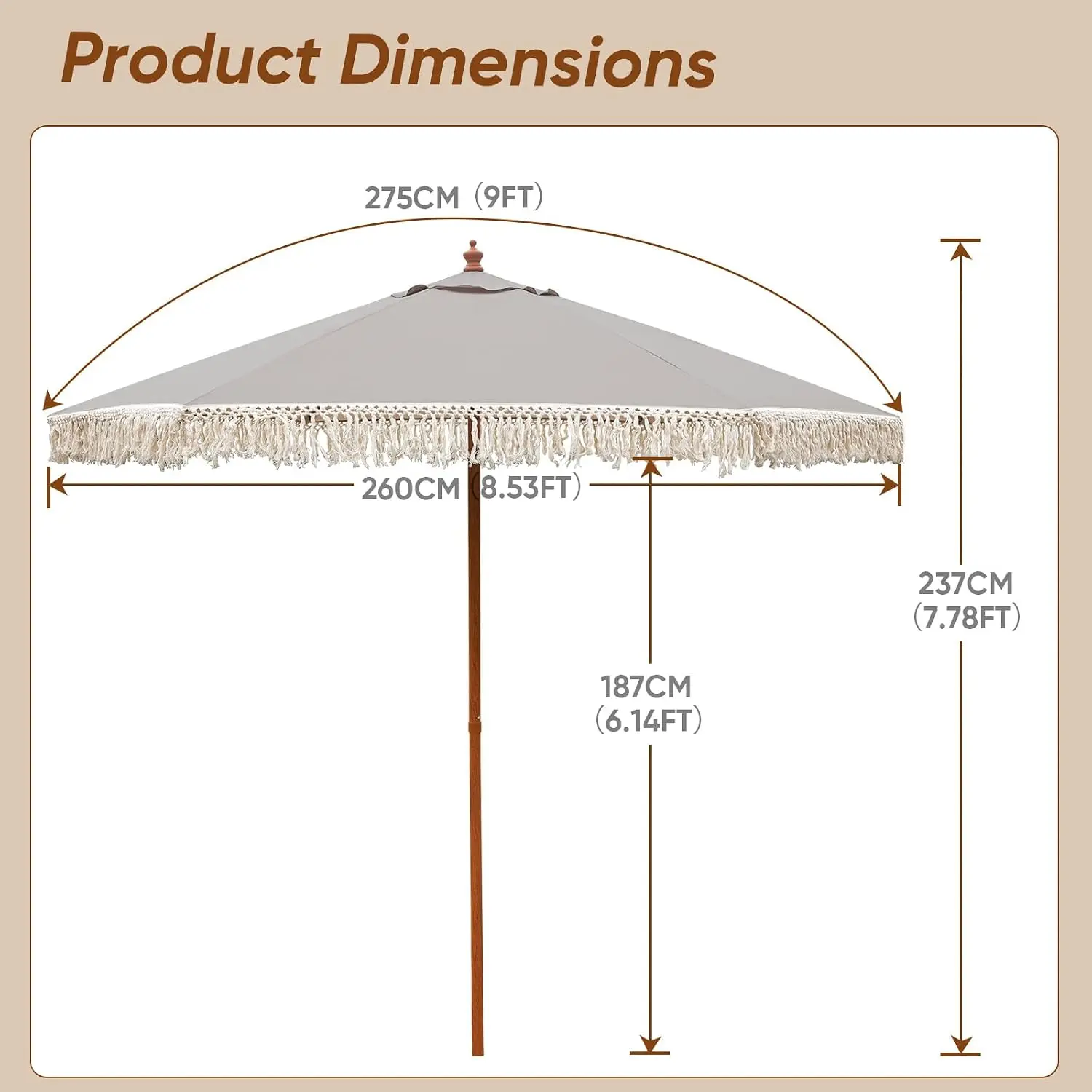 9 FT Patio Umbrella with Fringe, Portable Beach,Heavy-Duty Metal Frame,6 Ribs Ventilated Canopy,UV Protection & Waterproof