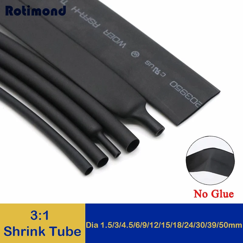

1/5/10M 3:1 Black non-adhesive heat shrink tubing Diameter 1.5~50mm Insulation/waterproof cable protective cover