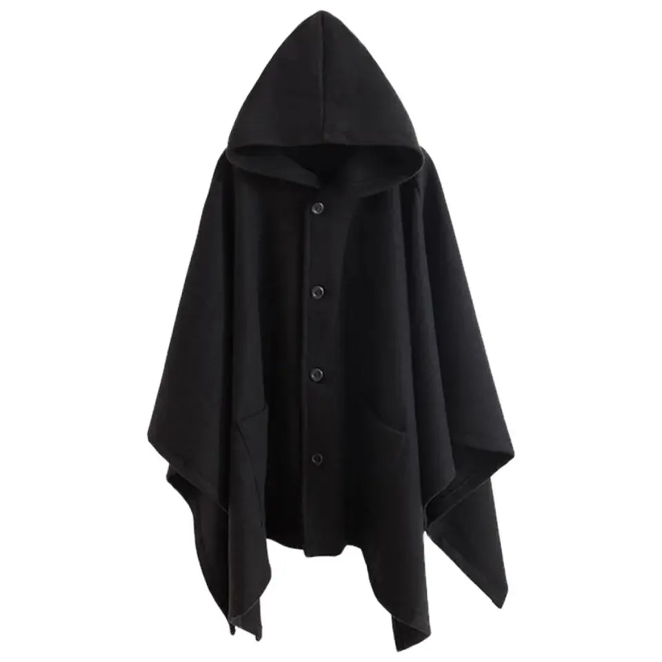 Loose Mid-Length Single-Breasted Wool Coat Hooded Cloak Men Shawl Woolen Male Hip Hop Autumn/Winter Medium Length Bat Cape