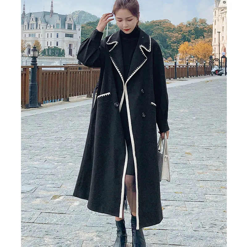 Winter Black Trench Coat For Women Elegant Fashion Korean Casual Wool Coat  Lace-up Long  Jacket Woman Wollen Coat With Blet