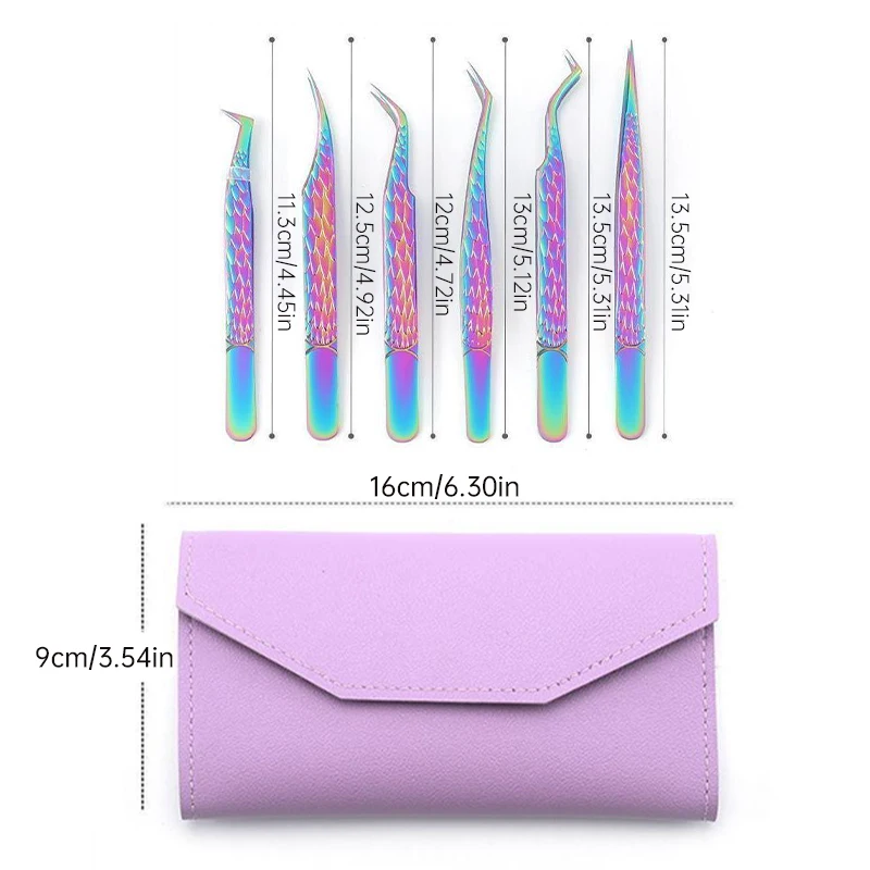 6pcs False Eyelash Tweezers Anti-slip Eyelash Extension Tweezers Stainless Steel Fiber Tip Lashes Precision Tweezer Makeup Tools