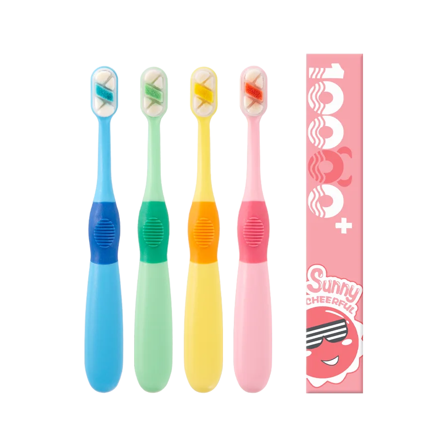 Children 3-12 years old ten thousand hair soft bristle toothbrush four colors available. Brush head with dust jacket