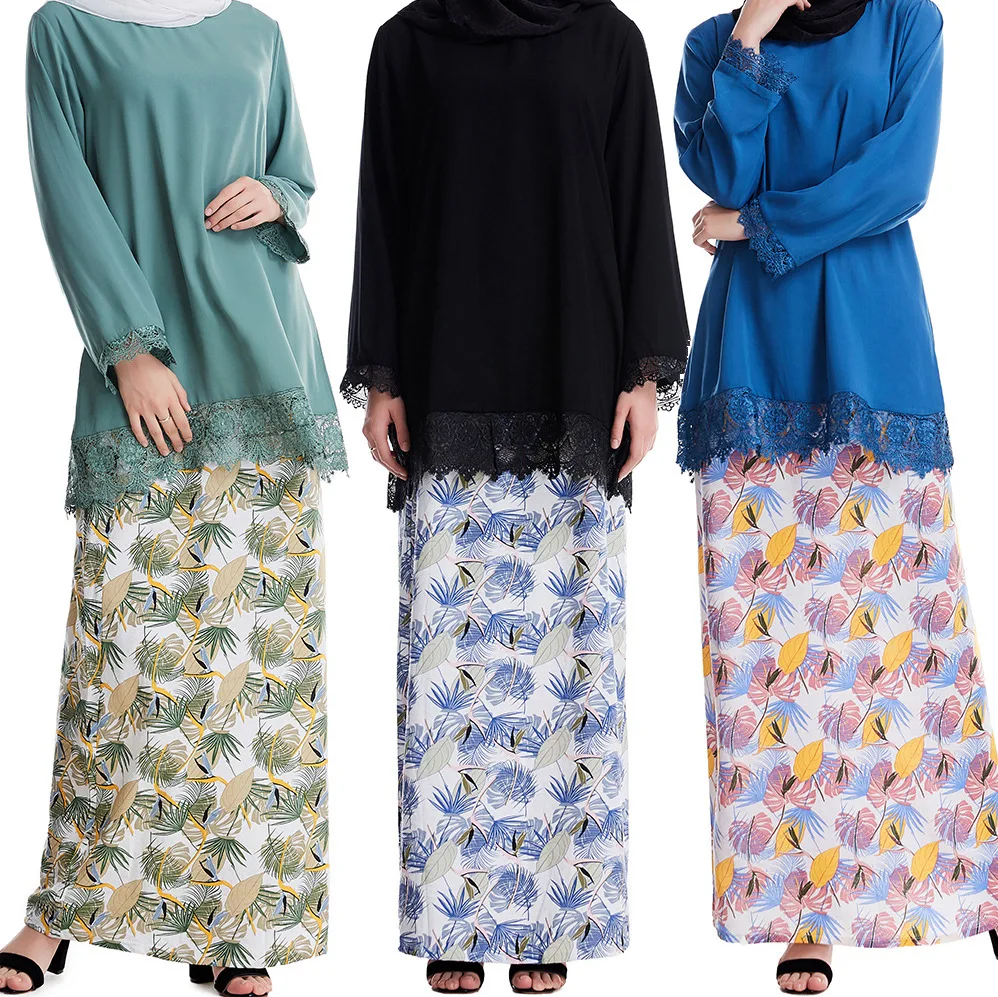 

Women Eid Muslim Sets Two Pieces Arab Flowers Dubai Kaftan Tops Musulman Ensemble Skirts Casual Ramadan Morocco Lace Loose