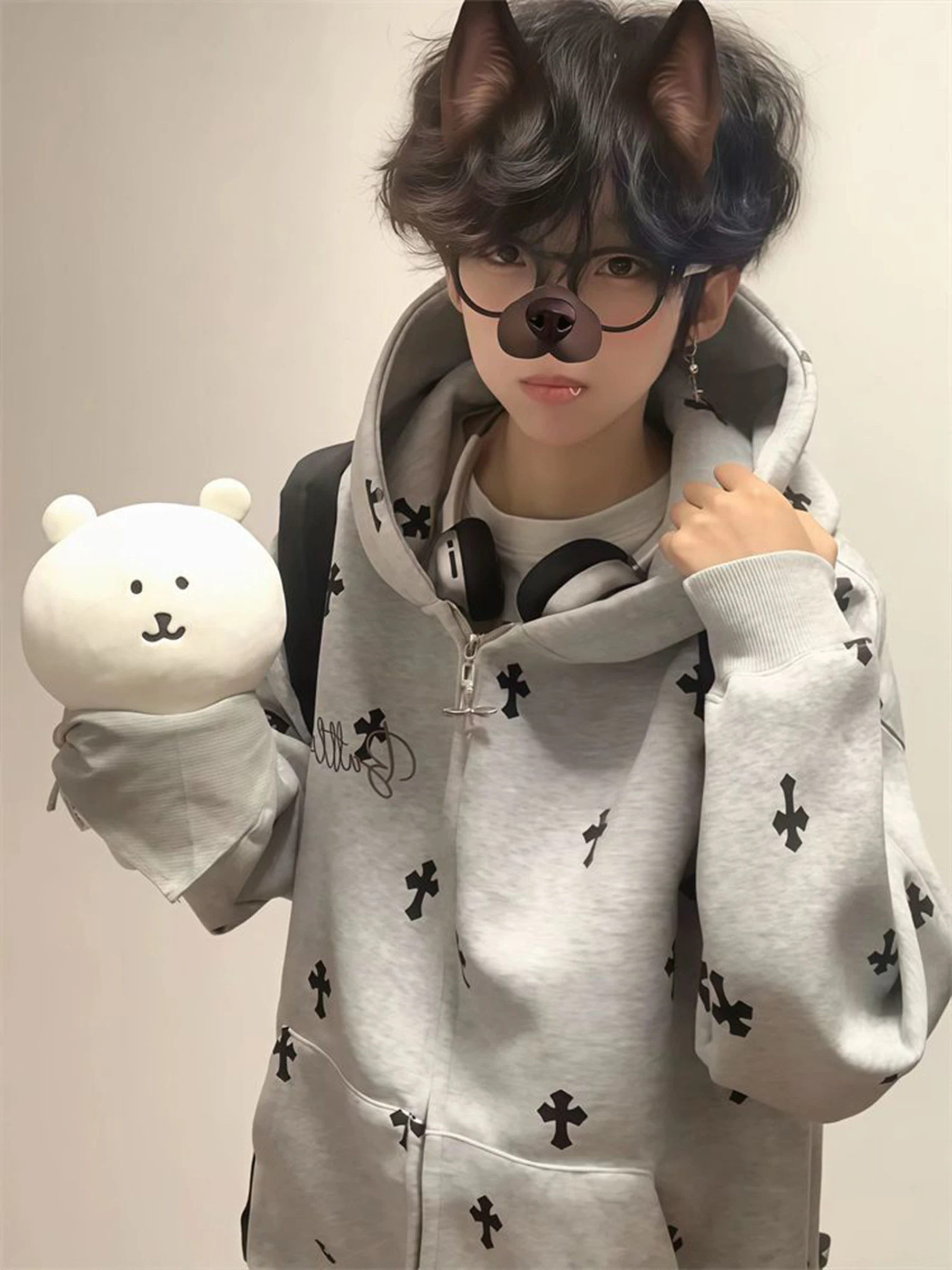 2025 New Fashion Trend Cardigan Gray Cross Print Hooded Sweatshirt Autumn Winter Loose Youth Couple Jacket Men