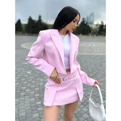Women Blazer Skirt Set Long Sleeve Lapel Short Coat Slim Mini Skirts Shorts With Belt Elegant Solid Office Lady Suit