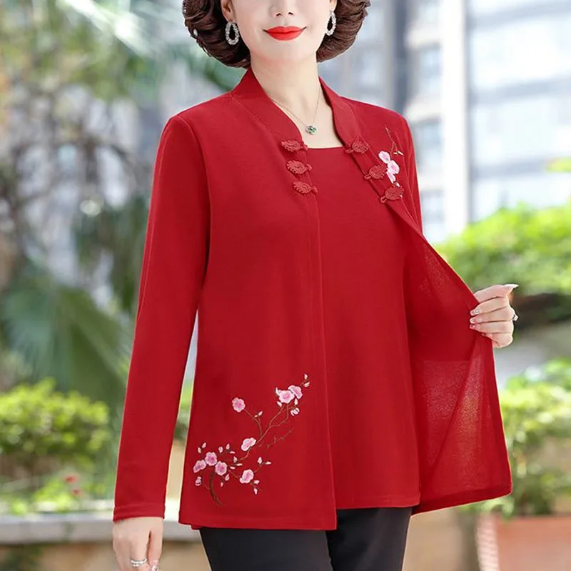 New Women\'s Spring Autumn Fashion Chic Stand Collar Embroidery Spliced Fake Two Pieces Elegant Loose Casual Long Sleeve Tops