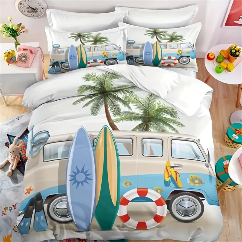 2/3pcs Camping Duvet Cover Set Bus Surfboard Palm Tree Bedding For Bedroom Bedding Set With 1 Duvet Cover And 1/2 Pillowcase