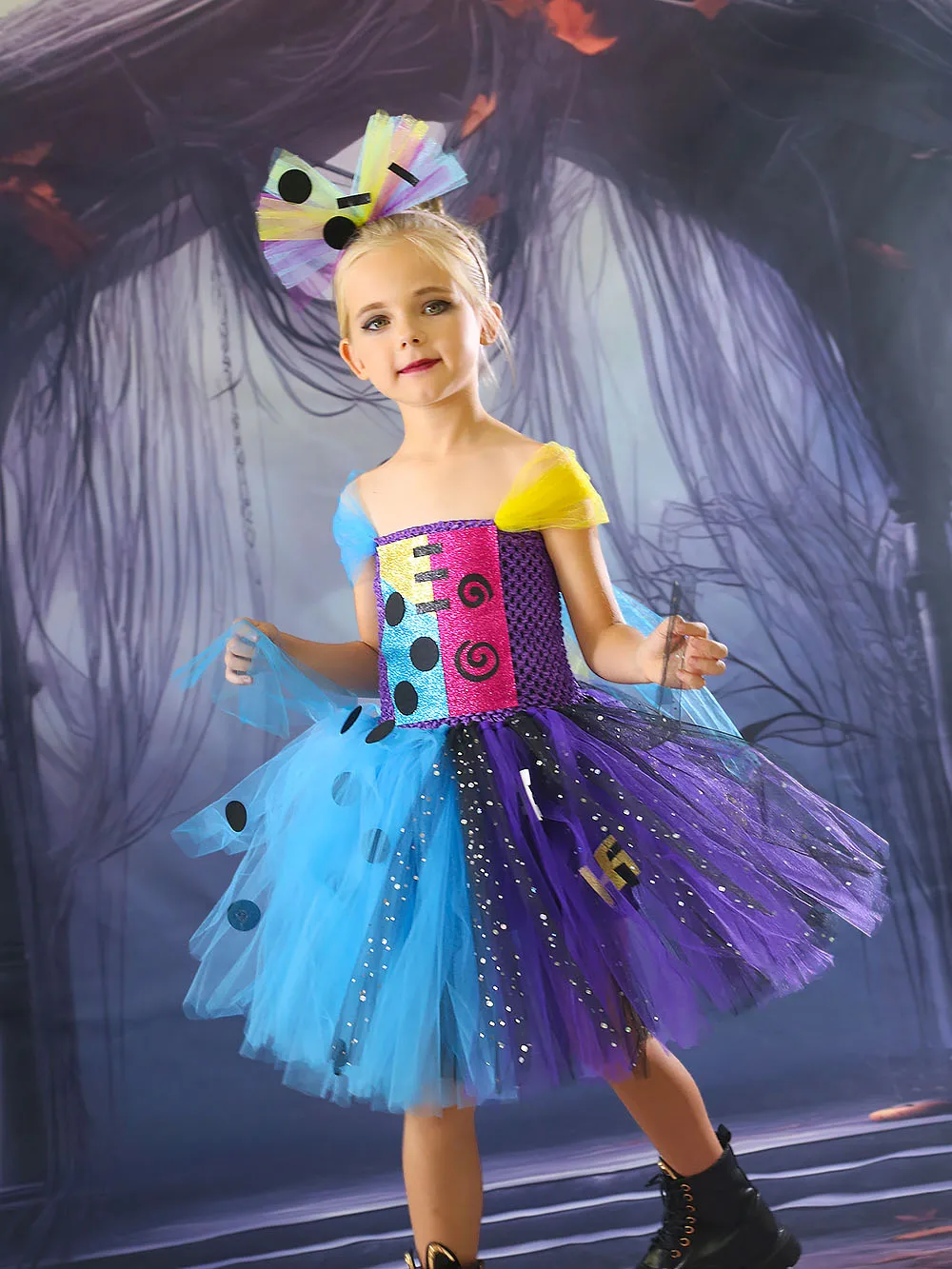 The Nightmare Before Christmas Sally Costume Tutu Dress with Headband Christmas Fancy Dress Up Deluxe Costume Kids Party Dresses