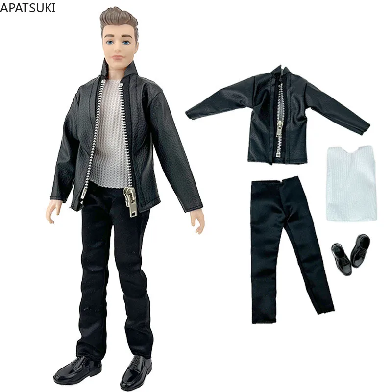 Black Leather Motorcycle Style Clothes Set For Ken Boy Doll Outfits Coat Jacket Vest Trousers Shoes for Ken Dolls Accessories