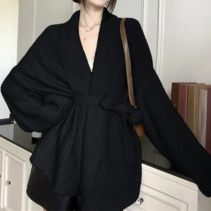 الخامس الرقبة حجم كبير المرأة سترة معطف جديد الخريف والشتاء نمط بلون الخصر حزام متماسكة طويلة الأكمام سترة #6