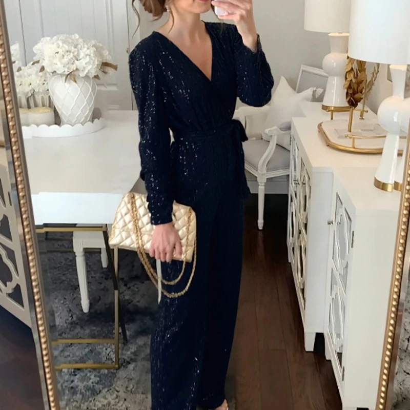 

Элегантный женский комбинезон для офиса и вечеринок, с V-образным вырезом, длинными рукавами, бантом и шнуровкой, модный, однотонный