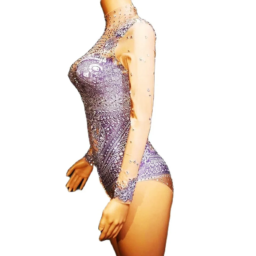 여성 프린트 스키니 긴팔 퍼플 폴댄싱 바디수트 나이트클럽 가수 무대 의상