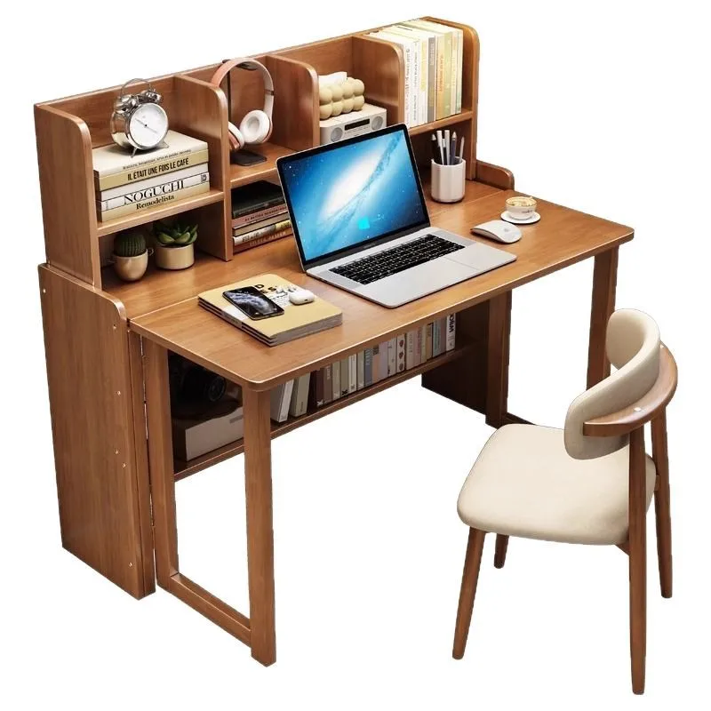 Folding desk with bookshelf integrated retractable study table bedroom small apartment computer desk