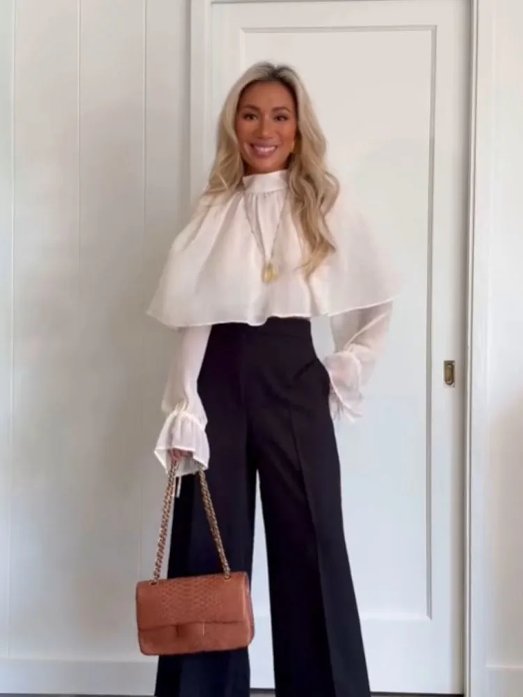 

HH Blouse Femmes Tendances 2026 Women Temperament Layered Button Decorative Long-Sleeved Pullover Female Elegant Sexy Short Top