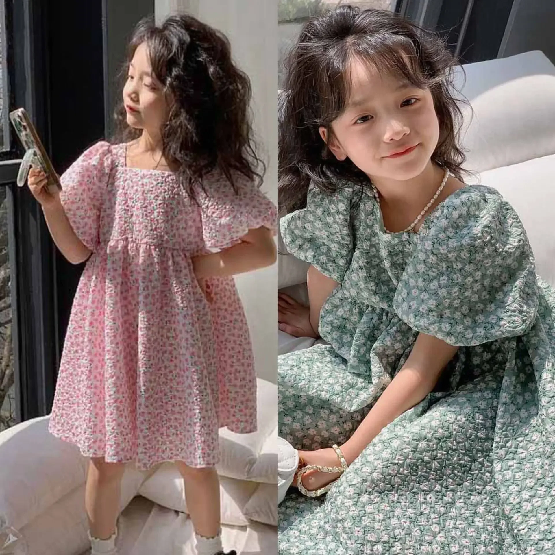 Girls Casual Dresses Floral Print Puffy Sleeves Dress Flower Girl Dresses Square Collar Clothes for Kids 3 To 7 Years