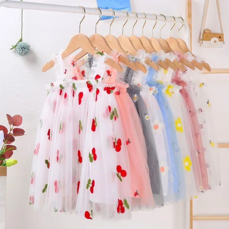 Girls Summer Dress Cute Strap Tulle Baby Girl Dress Embroidery Birthday Girl Party Princess Dresses Toddler Girl Clothes CL805