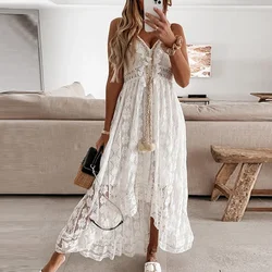 Off Shoulder Lace Patchwork Elegant Dress Women Summer V Neck Spaghetti Strap Dress Female New Fashion Solid Color Party Dresses