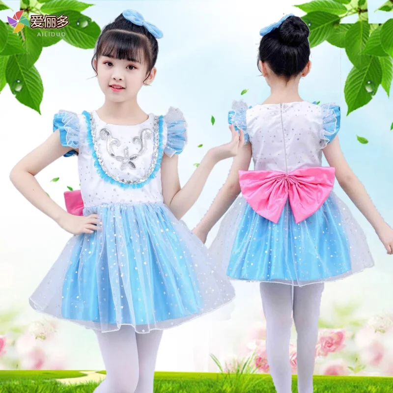 

Sequin Dance Costume Girls Lyrical Contemporary Freestyle Sky Blue Dance Dress Girls Children Kids